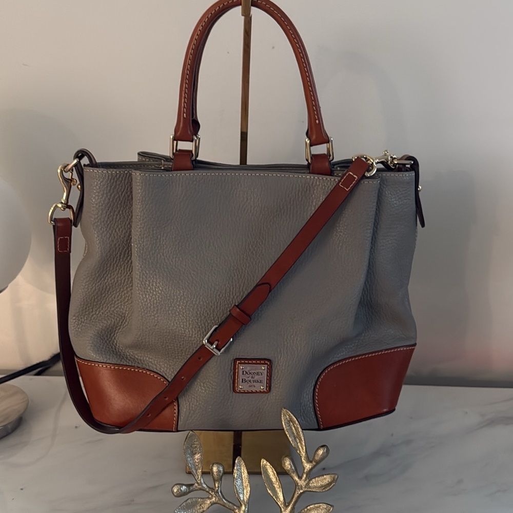 Dooney & Bourke Brenna Pebble Grain Elephant Grey & Brown Leather  Satchel
